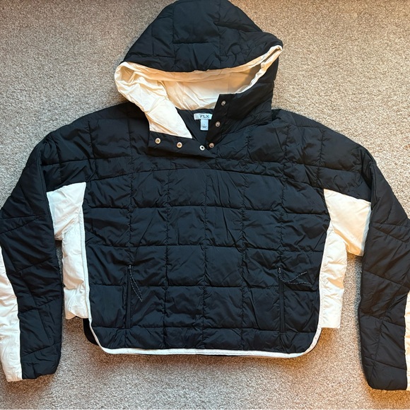 FLX Cropped Puffer Pullover Jacket Black White Hooded - Picture 1 of 6